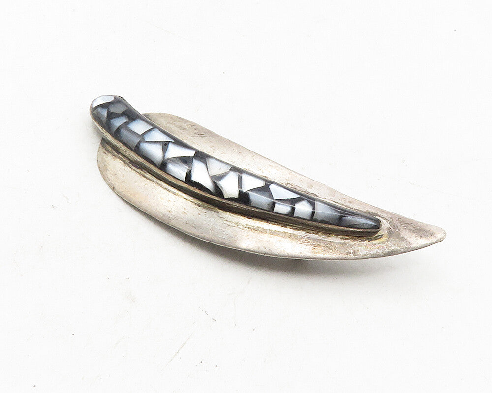ISRAEL 925 Silver  Vintage Mother Of Pearl Mosaic Leaf Brooch Pin  BP4000