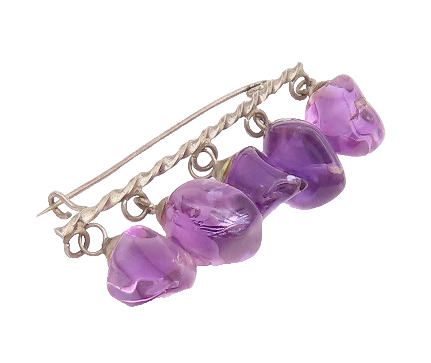 925 Sterling Silver Vintage Brooch Pin Dangling Amethyst Amorphous beads BP10772