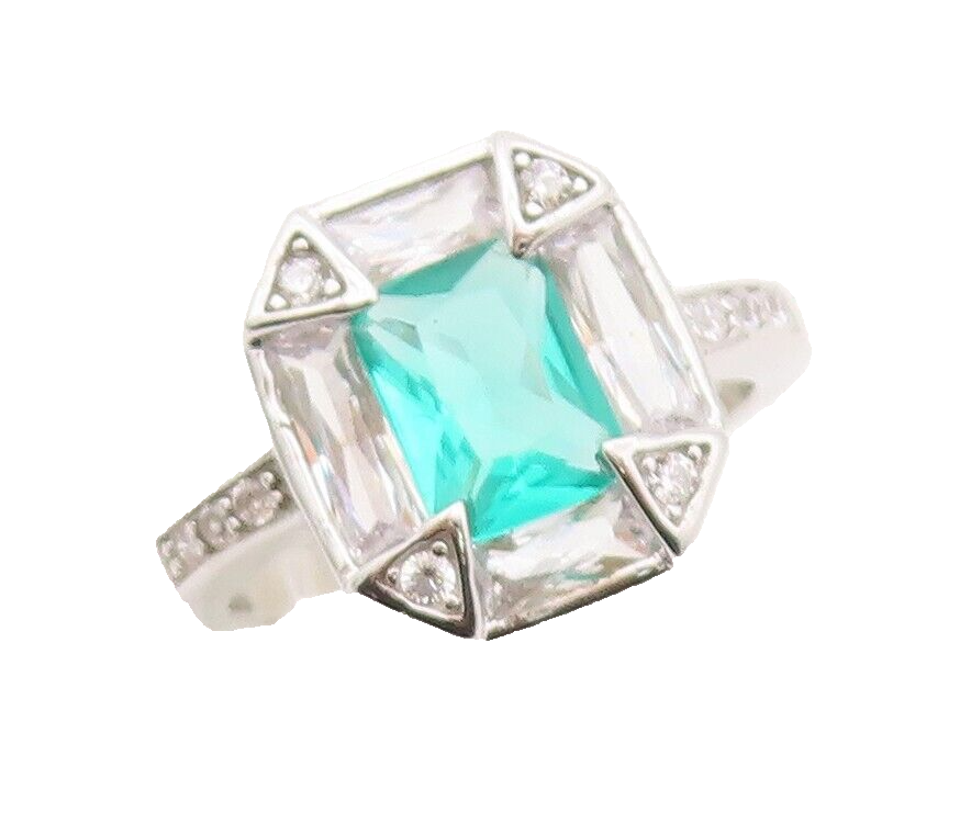 925 Sterling Silver Vintage Ring Rectangle Sea Green White CZ Frame Sz 7 RG29897