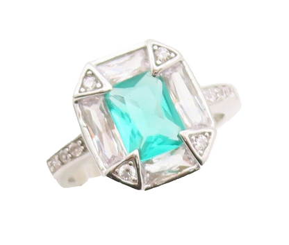 925 Sterling Silver Vintage Ring Rectangle Sea Green White CZ Frame Sz 7 RG29897