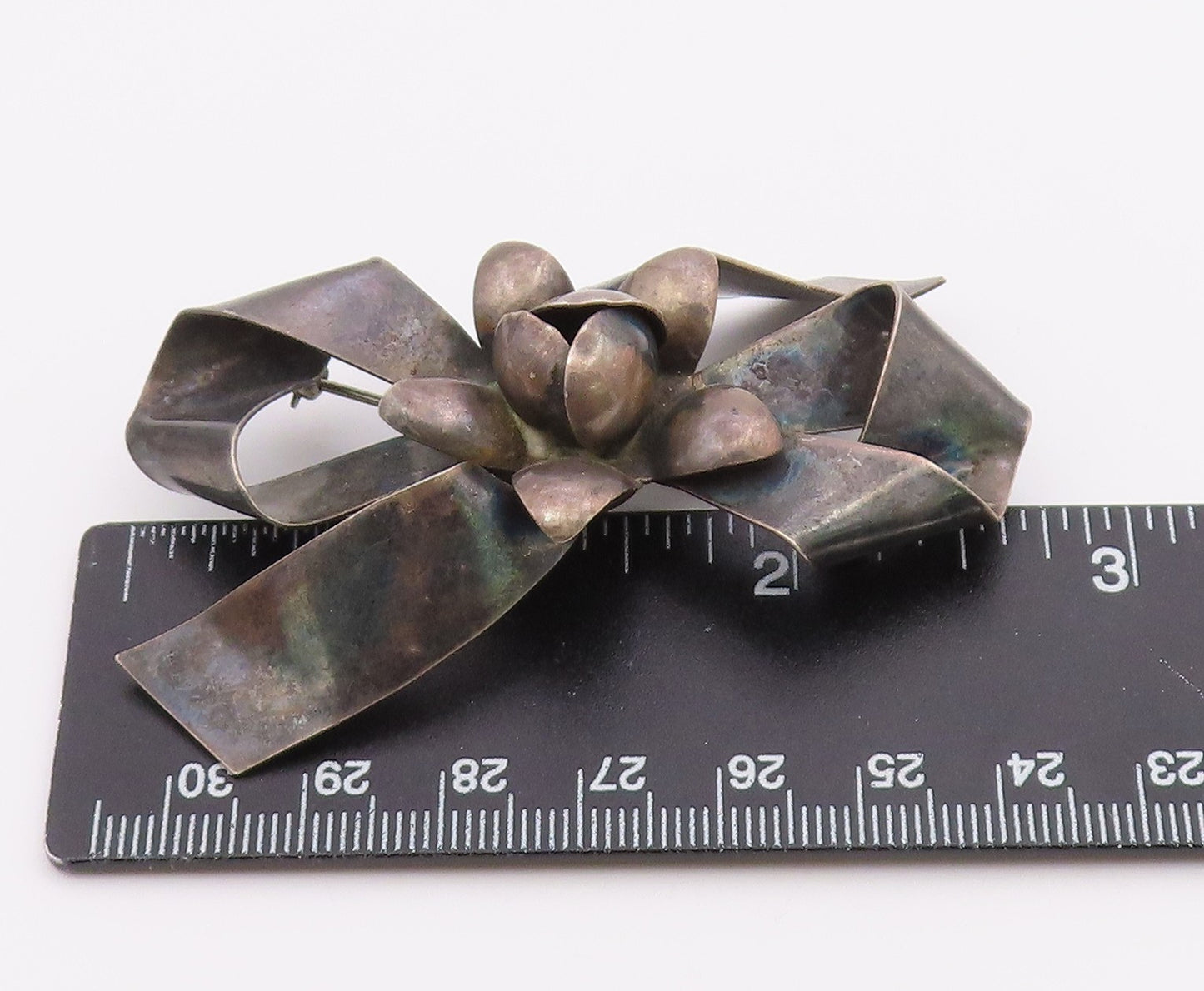 RAFFAELE 925 Sterling Silver  Vintage Oxidized Floral Bow Brooch Pin  BP4693