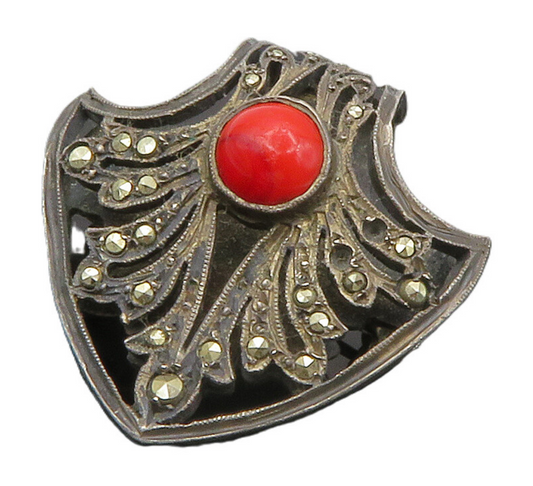 925 Sterling Silver  Vintage Coral & Marcasite Shield Slide Brooch Pin  BP5829