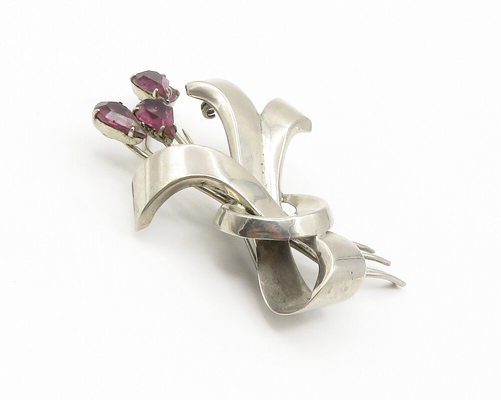 925 Sterling Silver  Vintage Modernist Amethyst Floral Brooch Pin  BP5735