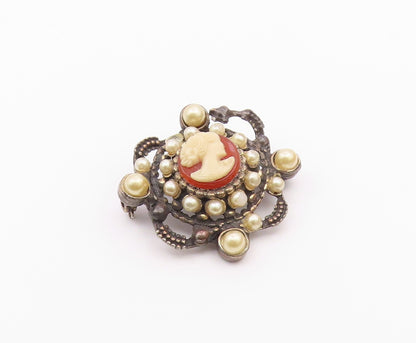 925 Sterling Silver  Vintage Petite Pearls & Carnelian Cameo Brooch Pin BP8060