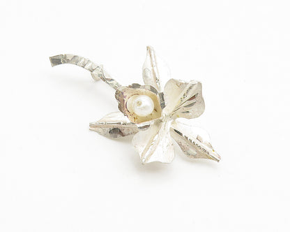 925 Sterling Silver  Freshwater Pearl Sculpted Flower Shiny Brooch Pin  BP4270