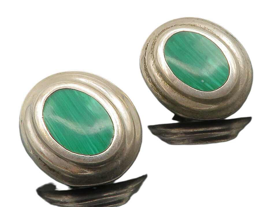 MEXICO 925 Silver  Vintage Inlaid Malachite Oval Dome Drop Earrings  EG6869