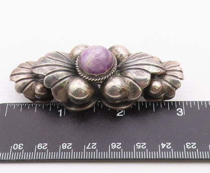 MEXICO 925 Silver  Vintage Antique Cabochon Amethyst Floral Brooch Pin  BP8260