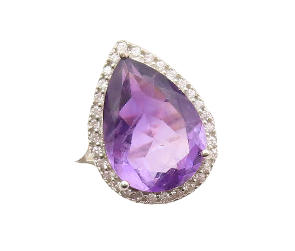 925 Sterling Silver Vintage Ring Drop Cut Amethyst Halo CZ Frame  Sz 7  RG30830