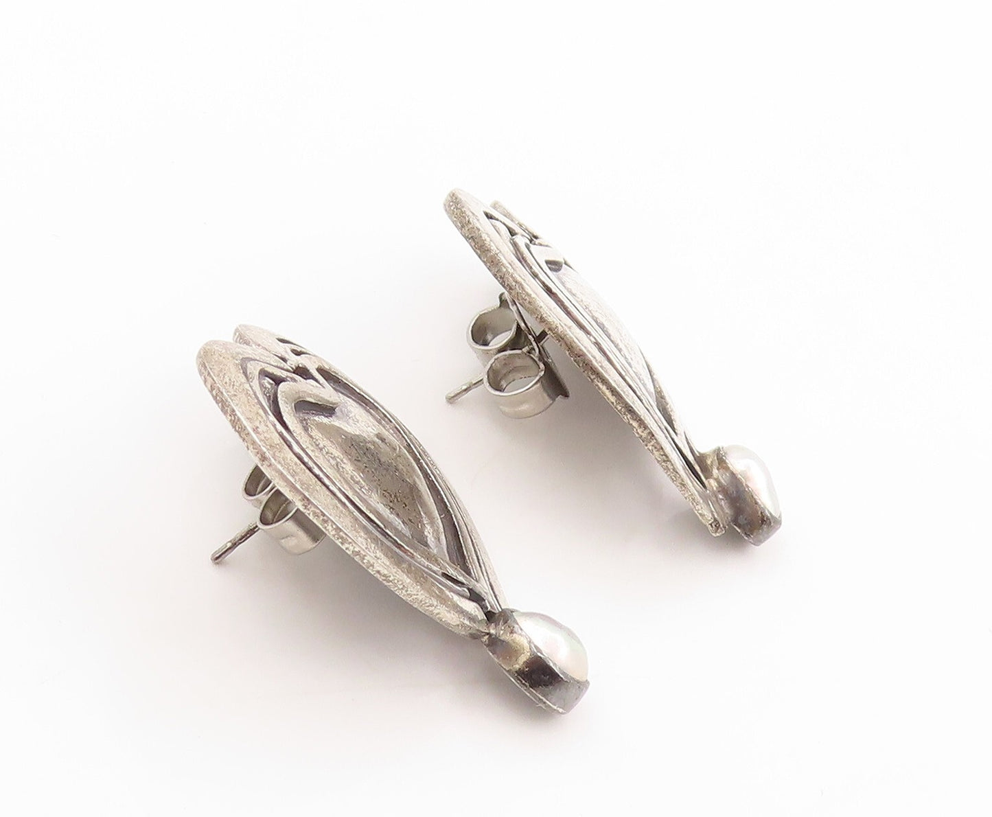 925 Sterling Silver Vintage Earrings SACHS Dark Tone Pearl Heart  EG13373
