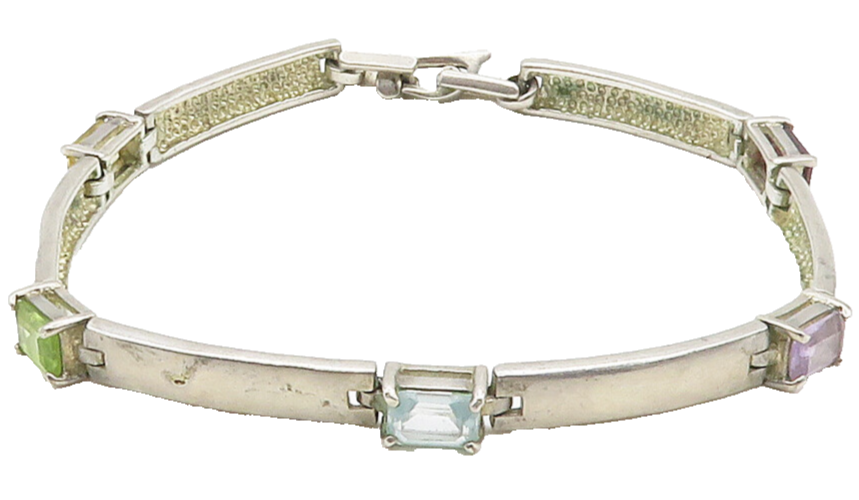 925 Sterling Silver  Topaz Amethyst & Peridot Bar Link Chain Bracelet  BT6224