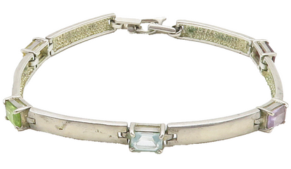 925 Sterling Silver  Topaz Amethyst & Peridot Bar Link Chain Bracelet  BT6224