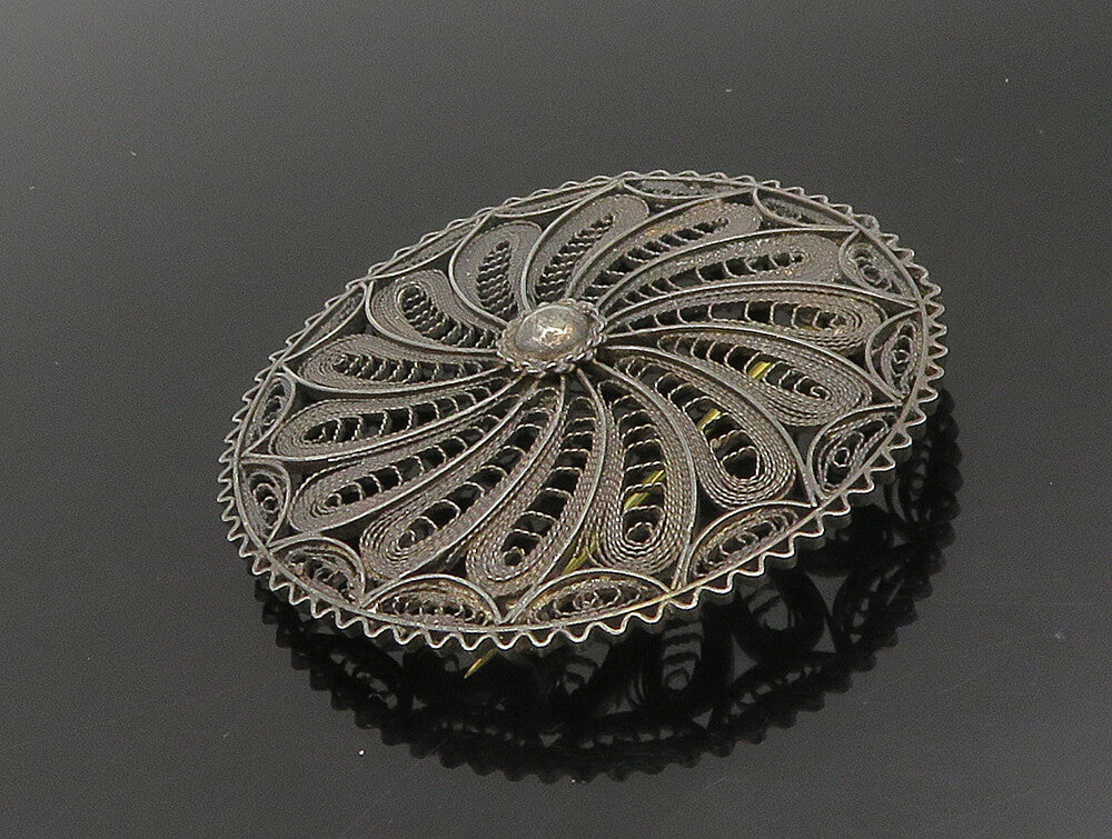ISRAEL 925 Silver  Vintage Antique Floral Motif Wire Mesh Brooch Pin  BP9454