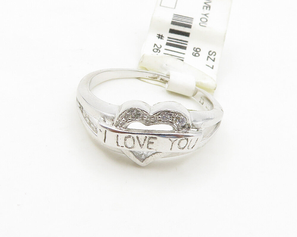 925 Sterling Silver  Vintage Topaz I Love You Heart Band Ring Sz 7  RG18968