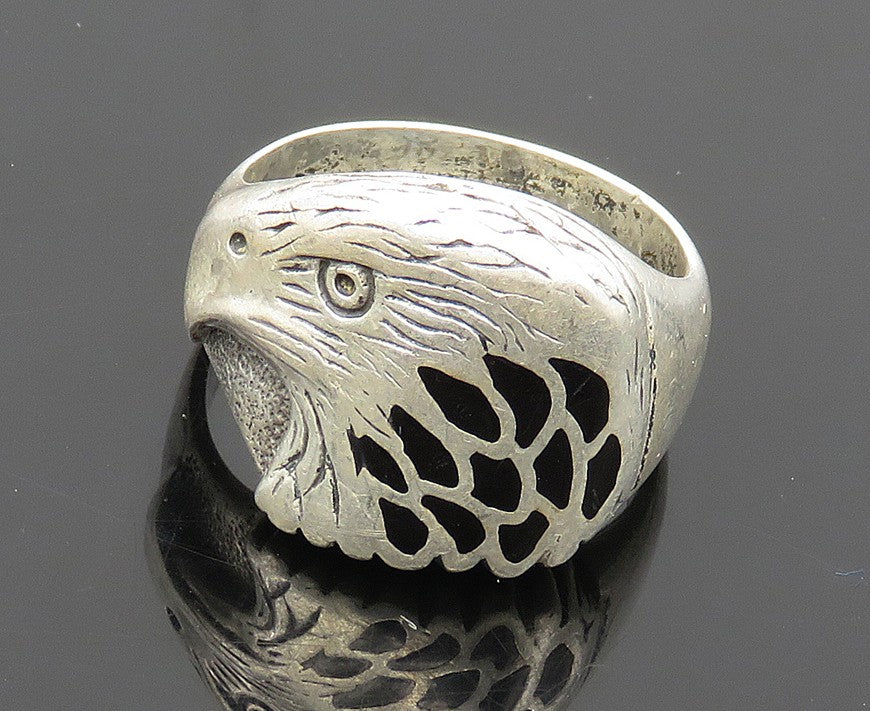 SOUTHWESTERN 925 Silver Vintage Black Onyx Eagle Band Ring Sz 8.5 RG17576