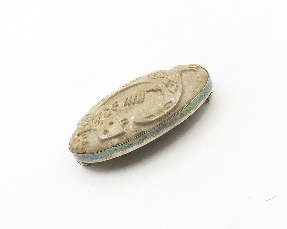 925 Sterling Silver Vintage Lizard Carved Jasper Oval Brooch Pin BP7571