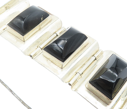 ARR MEXICO 925 Silver  Vintage Black Onyx Panel Hinge Chain Bracelet  BT3350