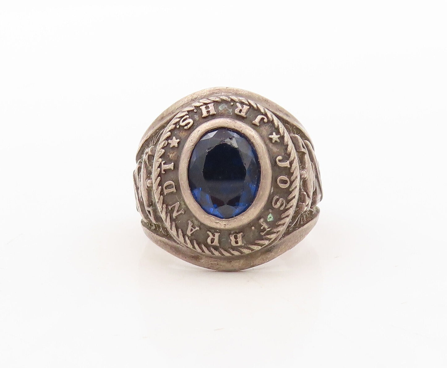 925 Sterling Silver Vintage Carved 1976 High School Sapphire  Sz 7.5  RG31029