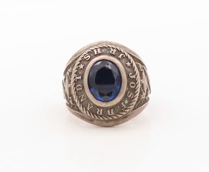 925 Sterling Silver Vintage Carved 1976 High School Sapphire  Sz 7.5  RG31029