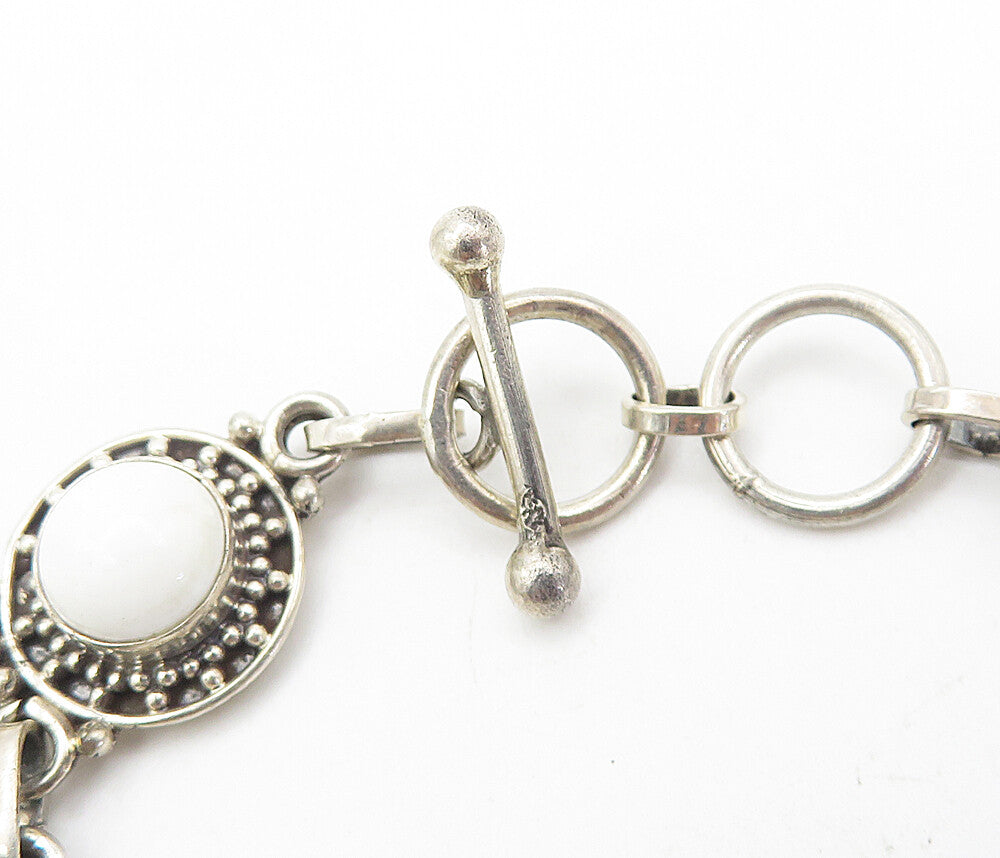 925 Sterling Silver  Vintage Blue Topaz & White Agate Chain Bracelet  BT3617