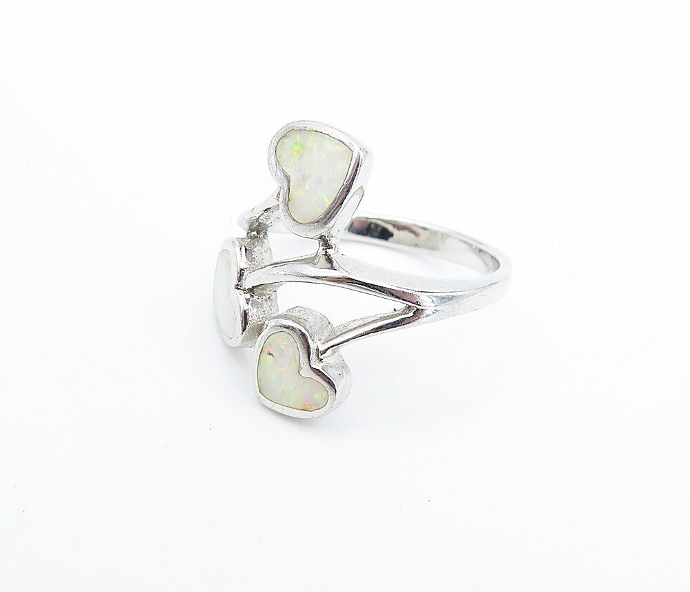 925 Sterling Silver Fire Opal Love Hearts Bypass Band Ring Sz 6.5 RG7923