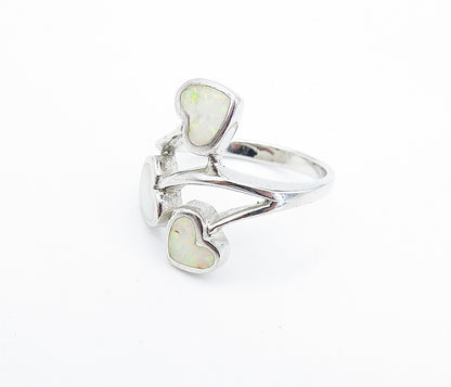 925 Sterling Silver Fire Opal Love Hearts Bypass Band Ring Sz 6.5 RG7923