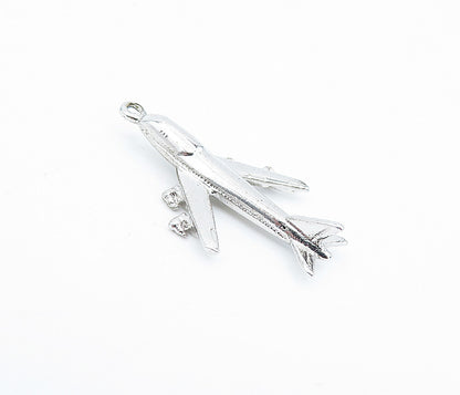 925 Sterling Silver  Vintage Shiny Flying Airplane Motif Drop Pendant  PT2647