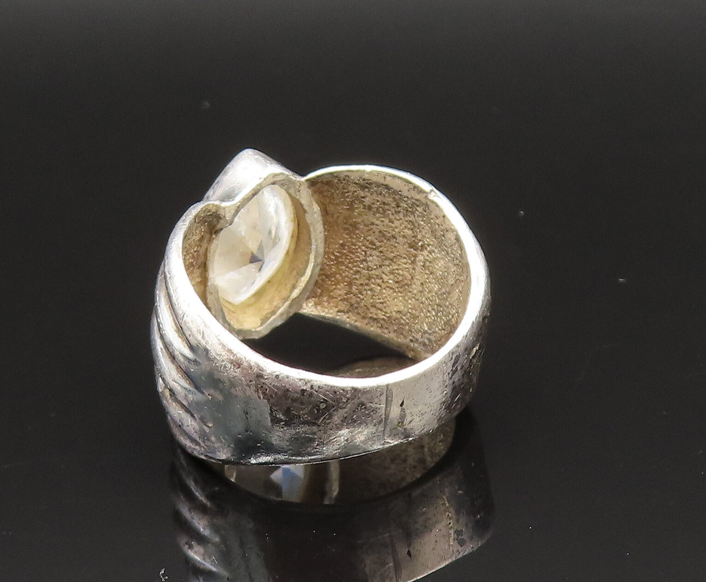 925 Silver  Vintage Marquise Cubic Zirconia Ribbed Band Ring Sz 8.5  RG25664