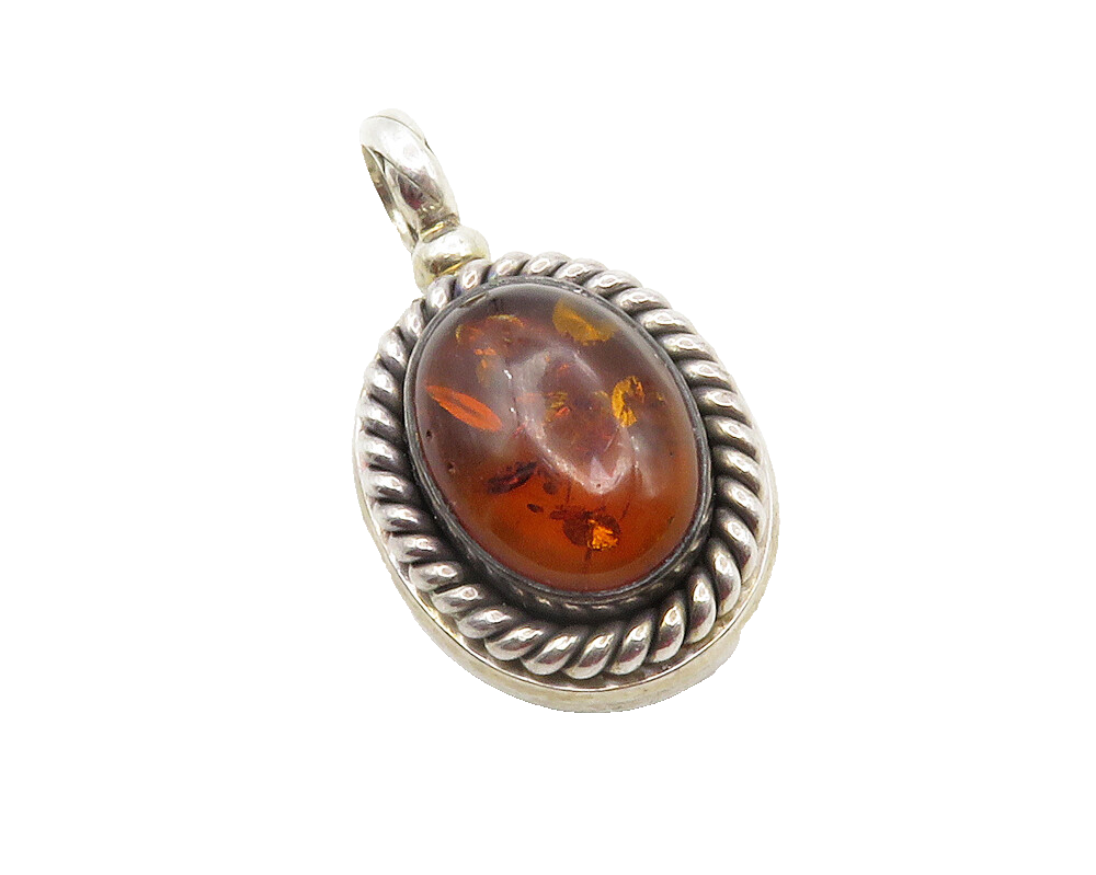 BALI 925 Sterling Silver  Vintage Cabochon Cut Amber Twist Pendant  PT10018