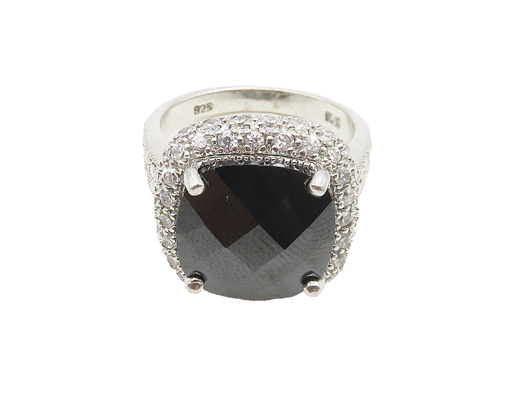 925 Sterling Silver  Faceted Hematite & Marcasite Cocktail Ring Sz 7  RG18555