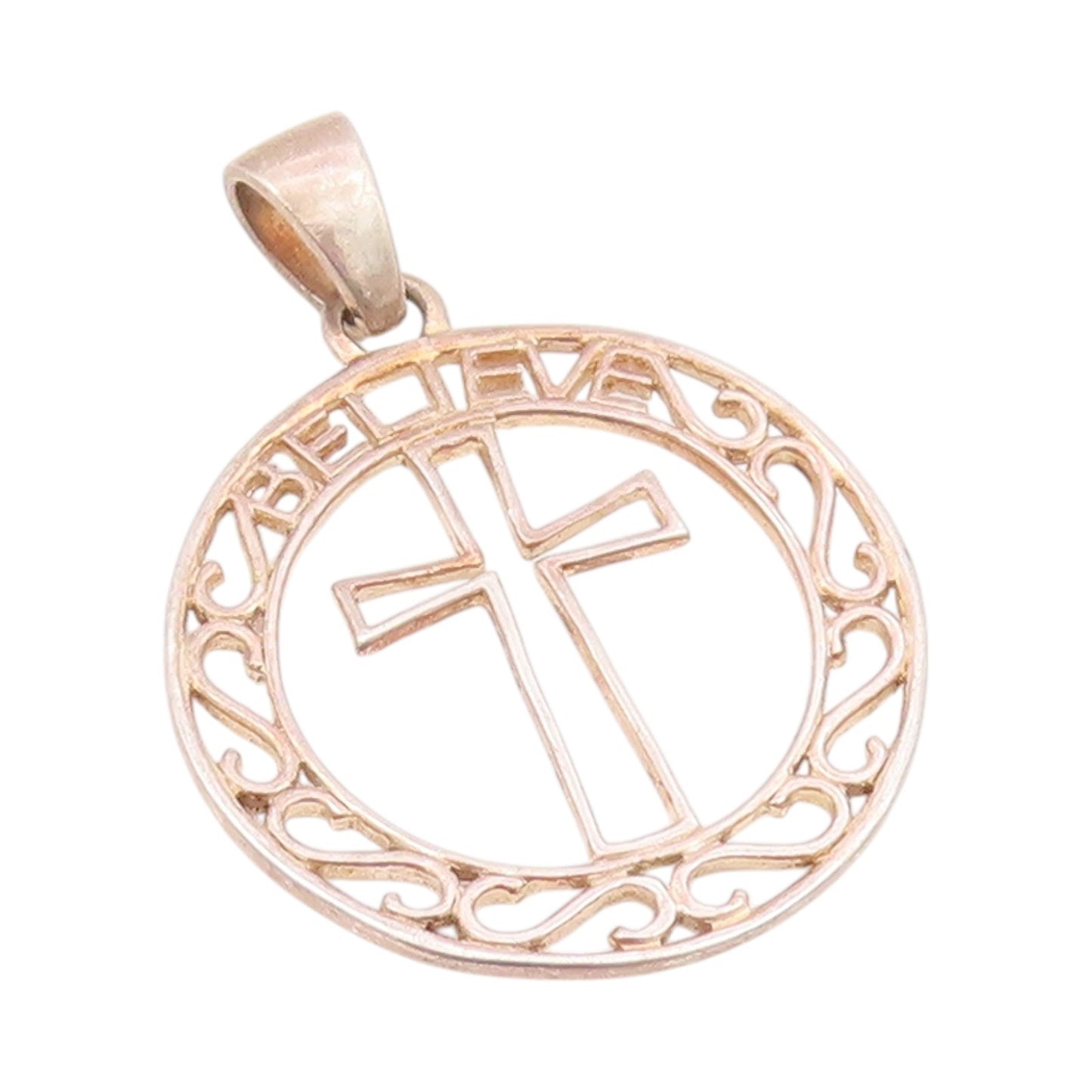 925 Sterling Silver Vintage Pendant Swirly Bordered Religious Cross  PT24282