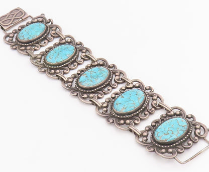 925 Sterling Silver Vintage Bracelet DANECRAFT Oval Turquoise Wide Link  BT11859