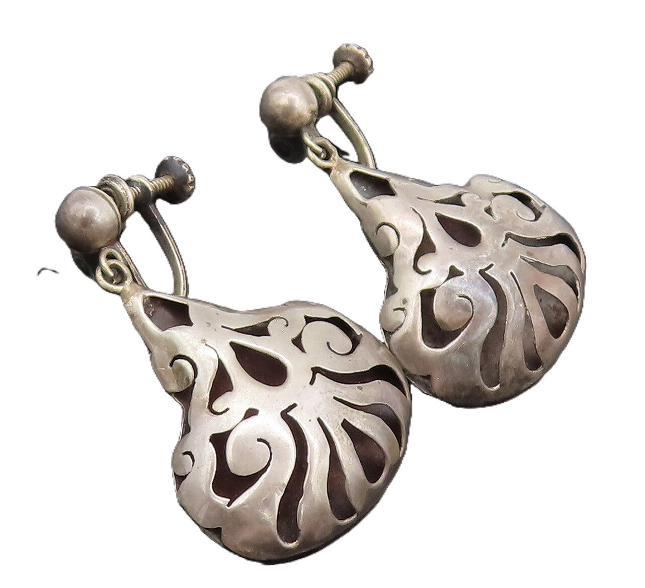 MEXICO 925 Silver  Vintage Antique Swirly Cutout Dangling Earrings  EG12648