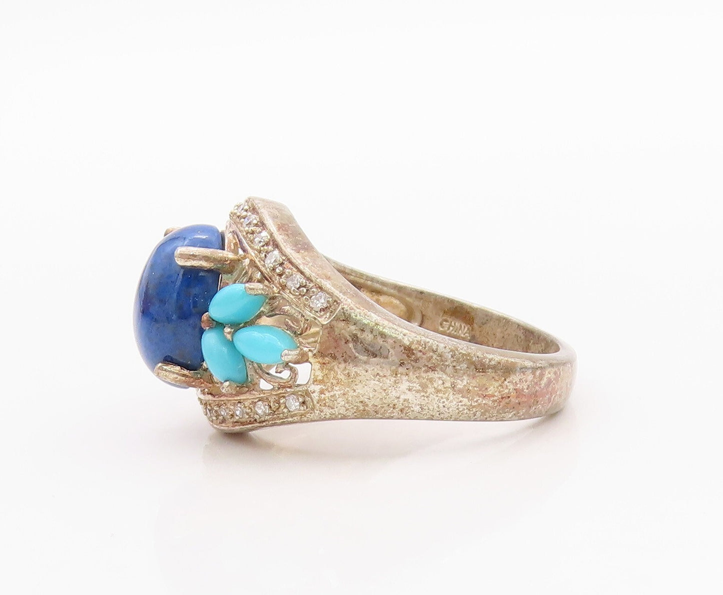 925 Sterling Silver Vintage Ring Diamonds, Turquoise & Lapis lazuli SZ 8 RG32091