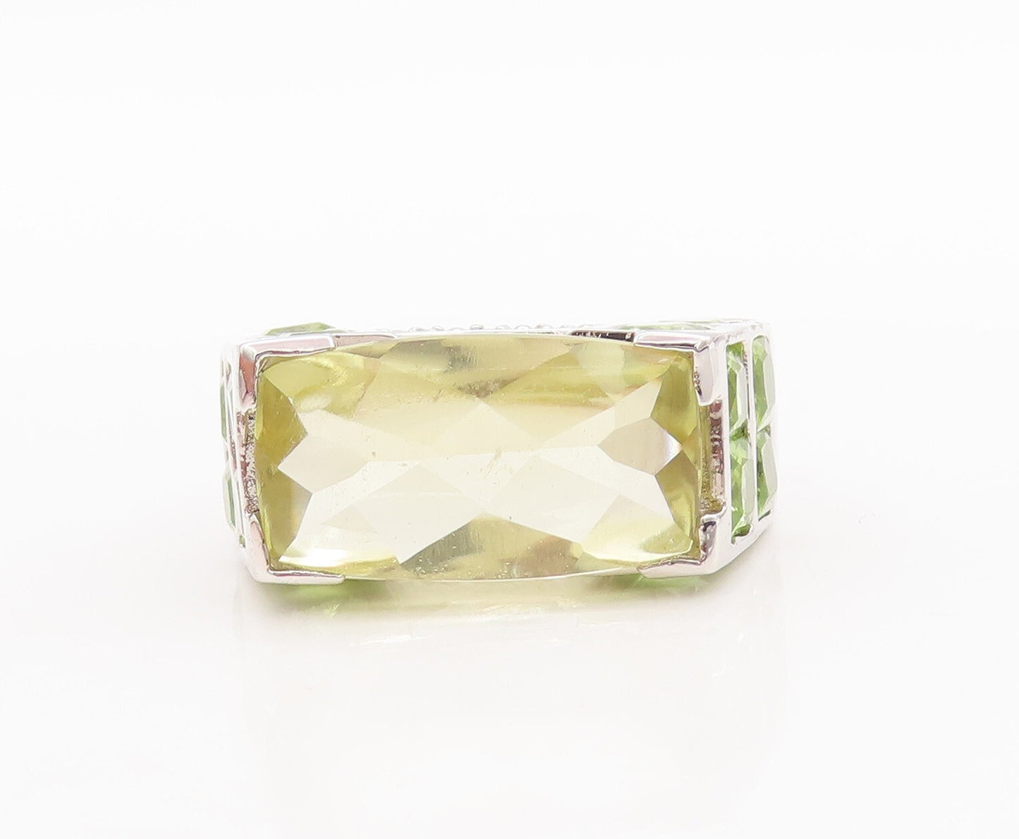 925 Sterling Silver Vintage Ring Cube Cut Peridot & Diamonds Inlay  Sz 6 RG29564