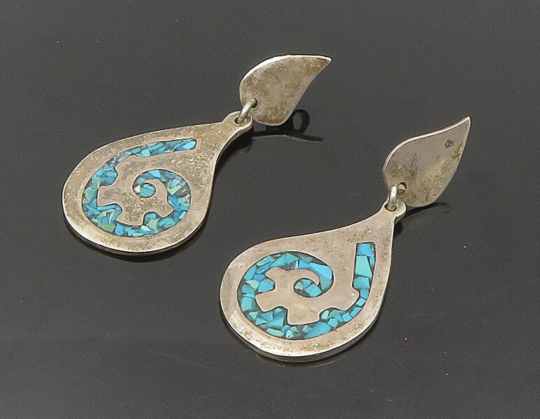 MEXICO 925 Sterling Silver  Vintage Inlaid Turquoise Drop Earrings  EG9439