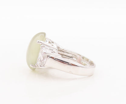 925 Sterling Silver Vintage Ring Oval Cabochon Green Amethyst & CZ Sz 7  RG29688