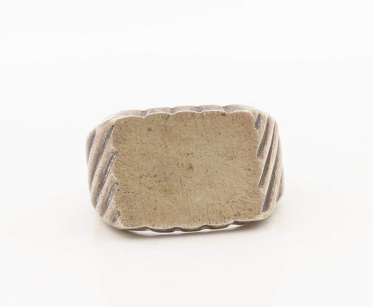 925 Silver Vintage Ring Antique Carved Band Solid Square Top Sz 10  RG27570