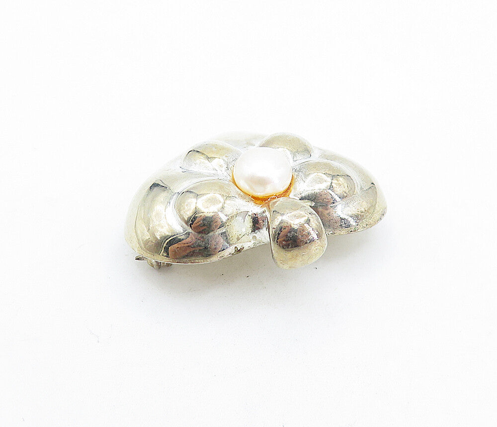 925 Sterling Silver  Vintage Pearl Hollow Floral Love Heart Brooch Pin  BP2293