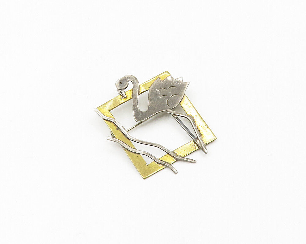 925 Sterling Silver  Vintage Two Tone Flamingo Open Square Brooch Pin  BP7423