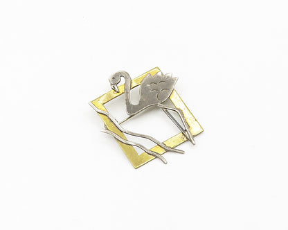 925 Sterling Silver  Vintage Two Tone Flamingo Open Square Brooch Pin  BP7423