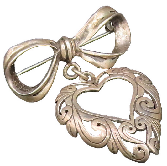 925 Silver  Vintage Dainty Bow Tie Dangle Scroll Love Heart Brooch Pin  BP9759