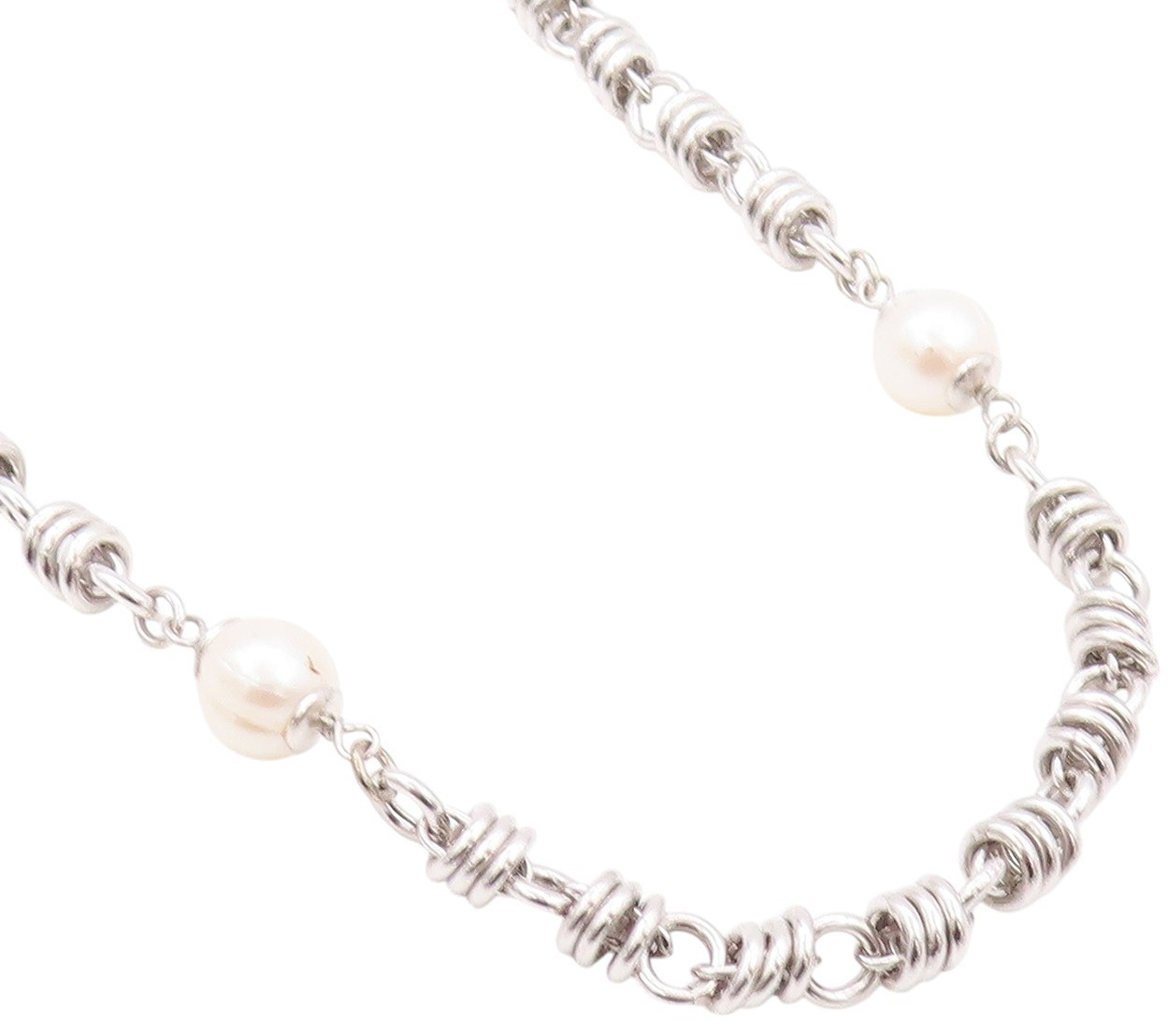 925 Sterling Silver Vintage Necklace Modernist Ring Chain Pearls Linked  NE4562