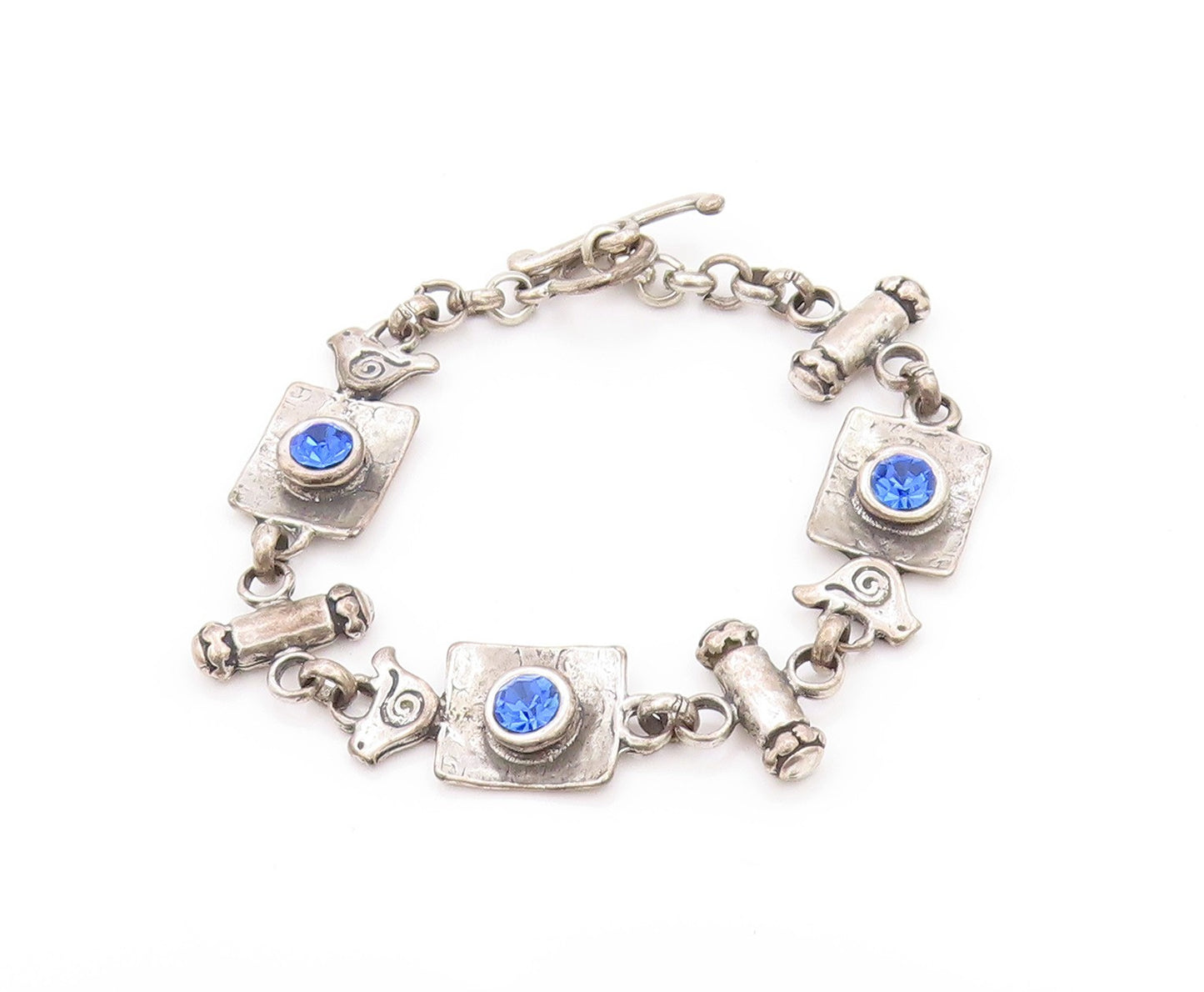 925 Sterling Silver Vintage Bracelet Etched Bird Letter & Blue CZ  BT11261