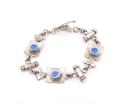 925 Sterling Silver Vintage Bracelet Etched Bird Letter & Blue CZ  BT11261