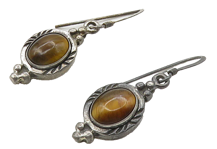 925 Sterling Silver  Vintage Cabochon Cut Tiger's Eye Dangle Earrings  EG8283