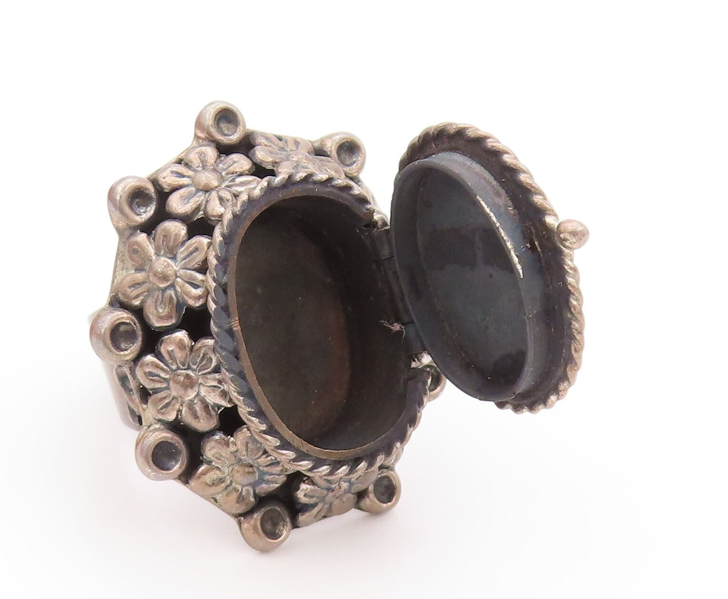 925 Sterling Silver Vintage Ring MEXICO Onyx Dark Tone Floral OPENS SZ 9 RG32111