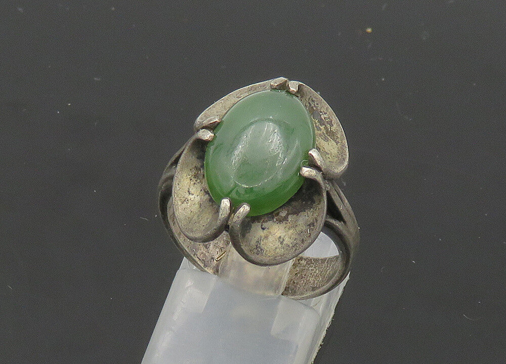 EUROPEAN 925 Silver  Vintage Antique Green Jasper Cocktail Ring Sz 8  RG20879