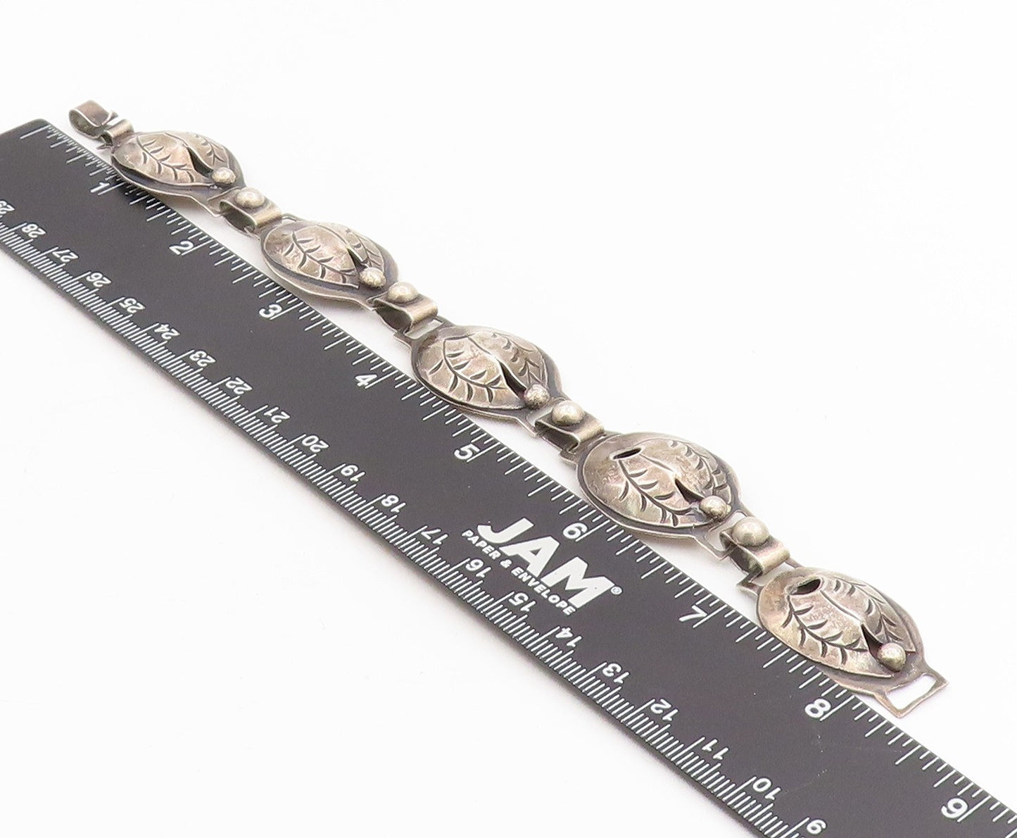 925 Sterling Silver Vintage Bracelet MEXICO Etched Leaf Motif Concho  BT11593