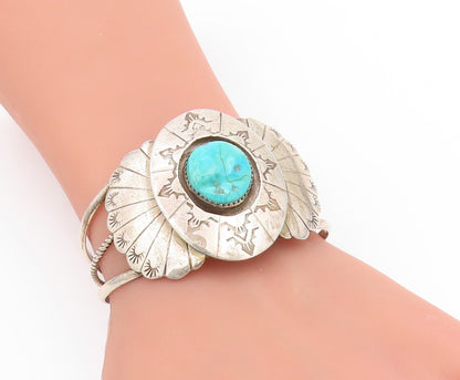 925 Sterling Silver Vintage Bracelet NAVAJO Turquoise Concho Wide Cuff  BT11790