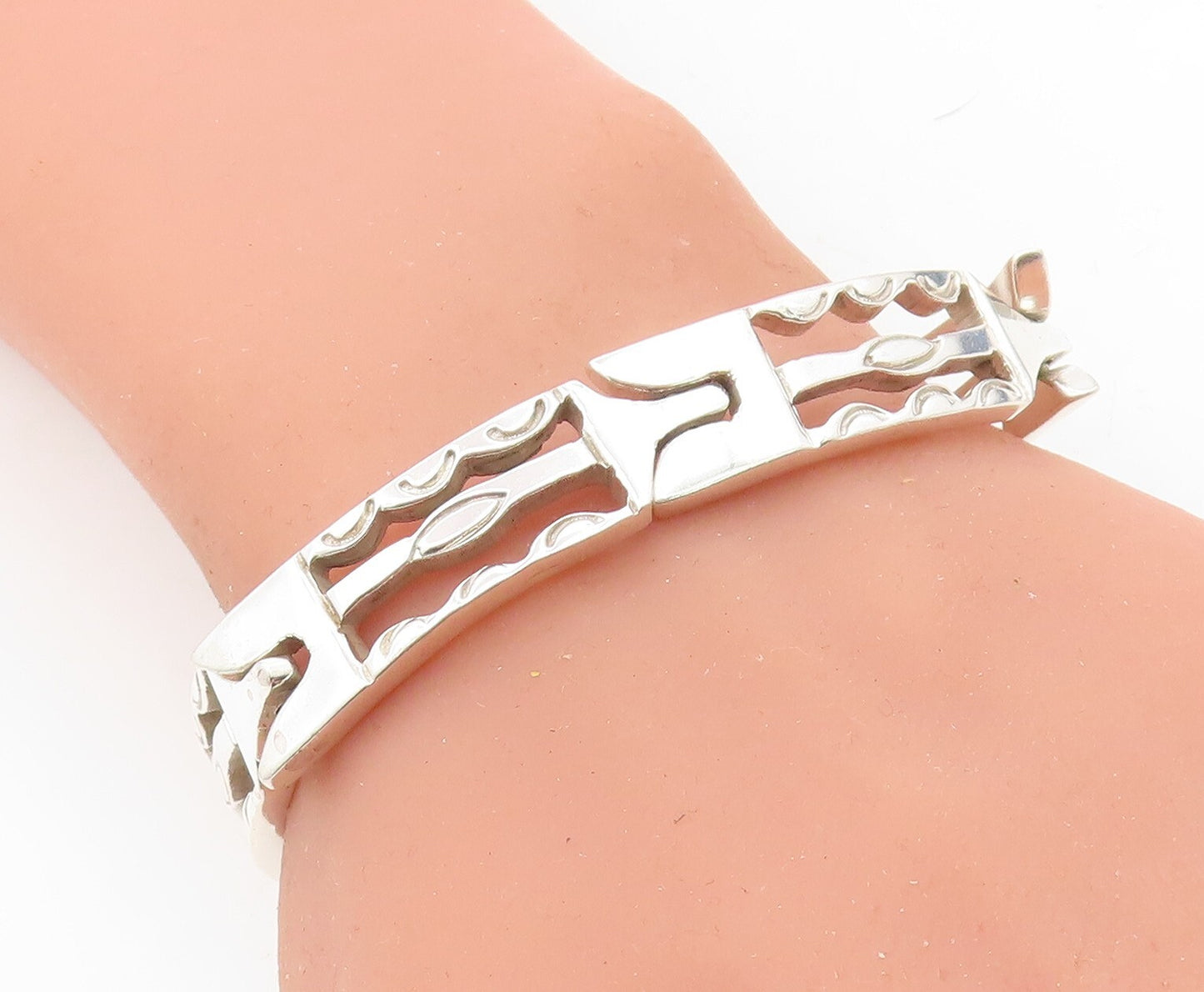 MEXICO 925 Sterling Silver  Vintage Shiny Bar Hinge Link Chain Bracelet BT2936